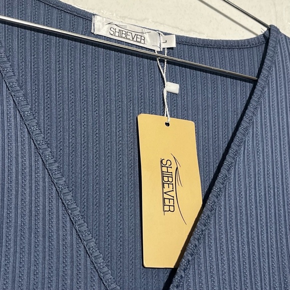 Shibever Womens Midi Dress Blue Ribbed Knit Twist Front Bodycon Draped Large NWT - Picture 6 of 9